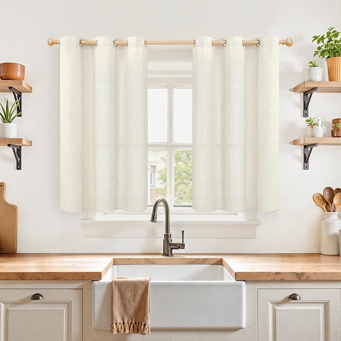 YoungsTex 40 Inches Long Linen Kitchen Window Curtains, Short Drapes Light Filtering with Grommet Beige Natural Privacy for Bathroom Windows, 42 X 40 Inch, 2 Panels