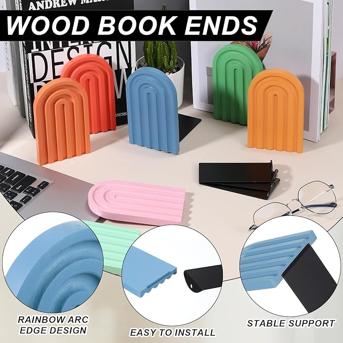 PATIKIL 4Pcs Boho Arch Bookends, Non-Skid Wood Book Ends Rainbow Wooden for Shelves Book Stopper Stand Cute for Holding Books Movie CD Home Office Library Decorative, Blue Tone/Green/Cyan