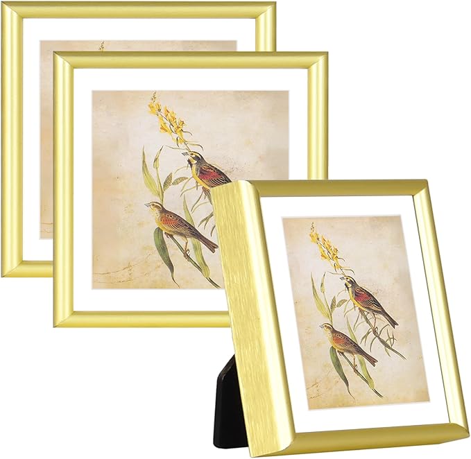 3x3 Picture Frame Set of 3, Gold Aluminum Metal Square Photo Frame with HD Glass, Fits 2x2 with Mat or 3 x 3 without Mat, Display For Tabletop or Wall Collage