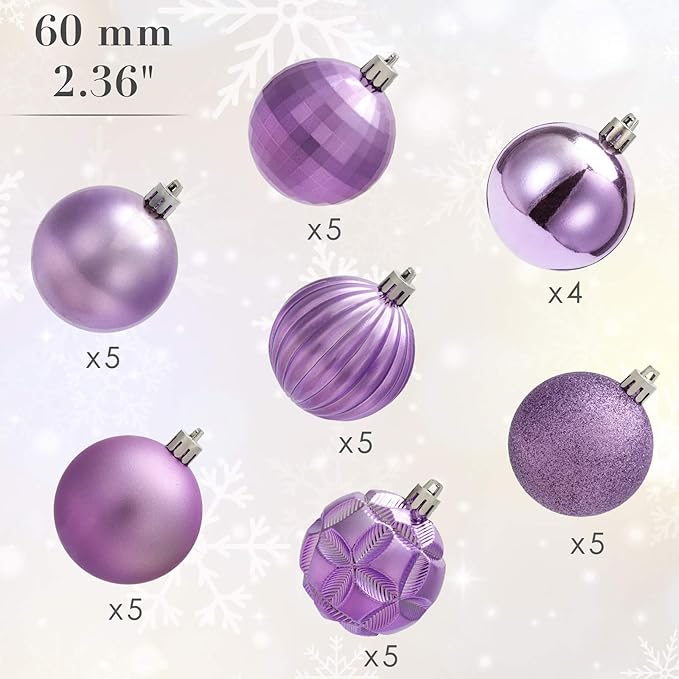 AMS 2.36''/60mm 34ct Christmas Ball Large Ornaments Party Decorations Shatterproof Festival Pendant Hangings for Xmas Tree Decor (60mm, Light Purple)