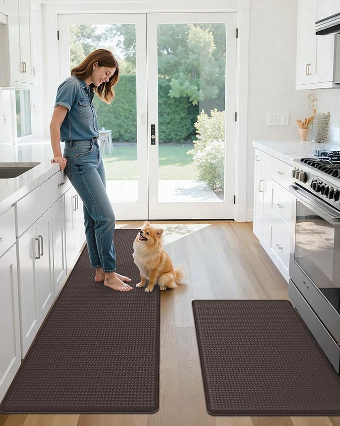 Color&Geometry Anti Fatigue Cushion Padded Kitchen Mat for Floor - 17x29+17x59,Easy Clean, Waterproof & Oil Proof, Anti Slip, Foam Rubber Runner Rug for Front Sink Comfort Standing, Brown Set of 2