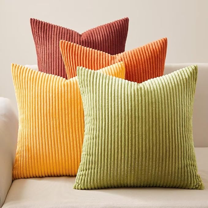 Topfinel Fall 20x20 Set of 4 Couch Decorative Pillow Covers,Modern Burnt Orange Yellow Green Gradient Corduroy Throws Pillow Case,Rustic Western Cushion Covers for Bed Sofa Living Room Home Decor