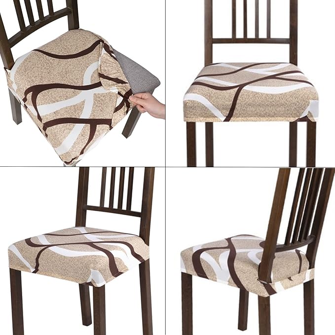 SearchI Stretch Dining Chair Seat Covers Set of 6, Soft Removable Washable Seat Covers for Dining Chairs, Dining Room Seat Cover Protector (Rear-Covered, Beige)