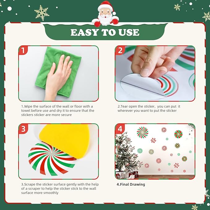 54 Pcs Christmas Candy Wall Decals Decorations Christmas Wall Stickers Peppermint Candy Floor Decals for Xmas Candyland Party Decorations