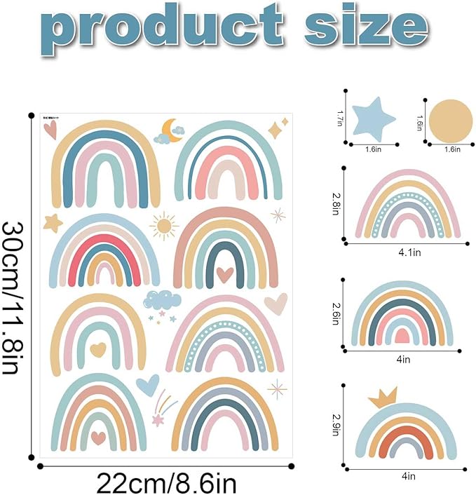 Rainbow Wall Decals for Children Room - 4 Sheets 76Pcs Boho Star & Dots Wall Stickers | Peel and Stick Nursery Decor, Playroom, Classroom | Removable Waterproof Wall Art