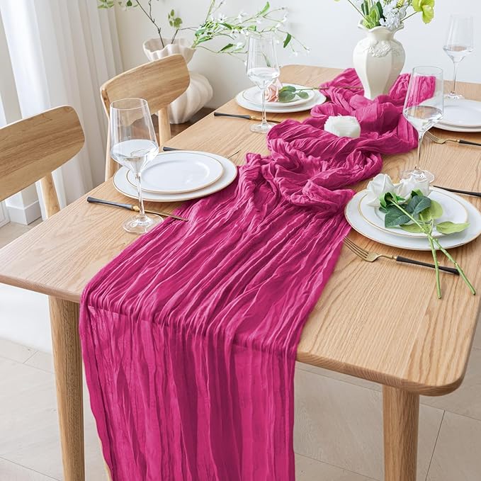 12PCS Table Runner Cheesecloth 10FT Fuchsia Boho Gauze Cheese Cloth Rustic Sheer Table Runners for Wedding Birthday Bridal Baby Shower Party Decoration