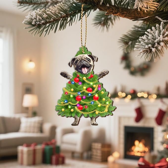 34HD Pug Christmas Ornament 2025 – Wooden Hanging Xmas Tree Ornament Decoration, Cute and Funny Christmas Keepsake Gifts and Home Decor for Dog Lovers and Pet Owners