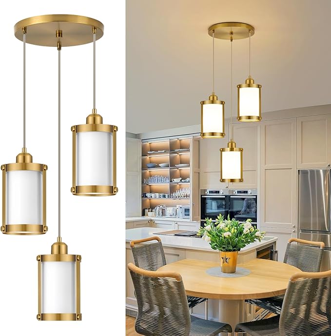 3-Light Pendant Lighting, Brushed Gold Dining Room Chandelier Light Fixture Over Table with Milk Glass, Modern Cluster Hanging Lights for Kitchen Island Sink, OS-3014-3BGW