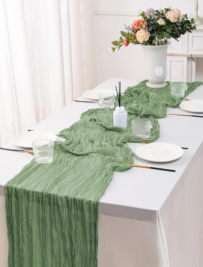 10 Pack Sage Green Cheesecloth Table Runner,10FT/120 Inch Boho Gauze Fabric Table Runner,Rustic Sheer Sage Green Cheese Cloth Runner Bulk for Wedding,Bridal Baby Shower,Birthday Party,Table Decor