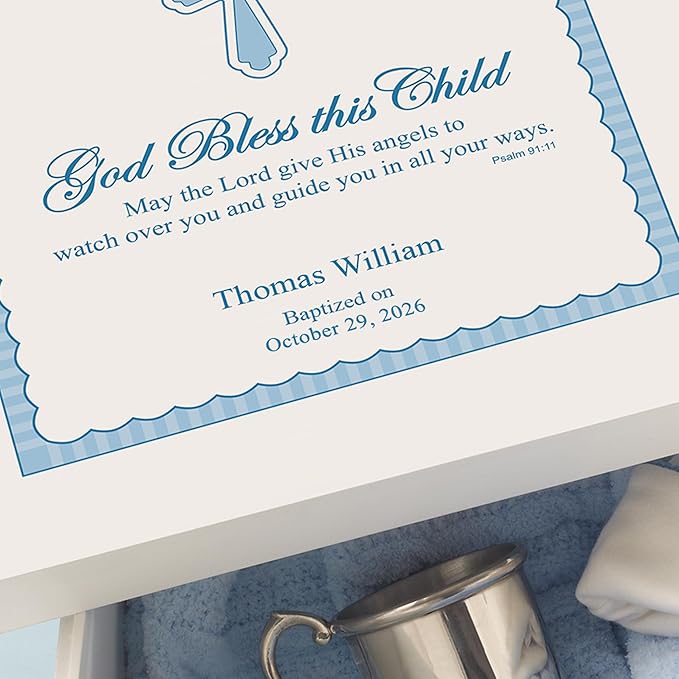 Let's Make Memories Personalized Keepsake Box for Blessed Child - Memories Box - Baptism - Confirmation - Memento Storage - For Boys - 6" Hx12 Sq - God Bless - Blue