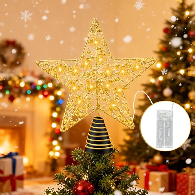 Christmas Tree Topper 10-inch Gold Glitter Star Tree Topper with 20 LED Lights Christmas Tree Topper Star for Holiday Decorations.