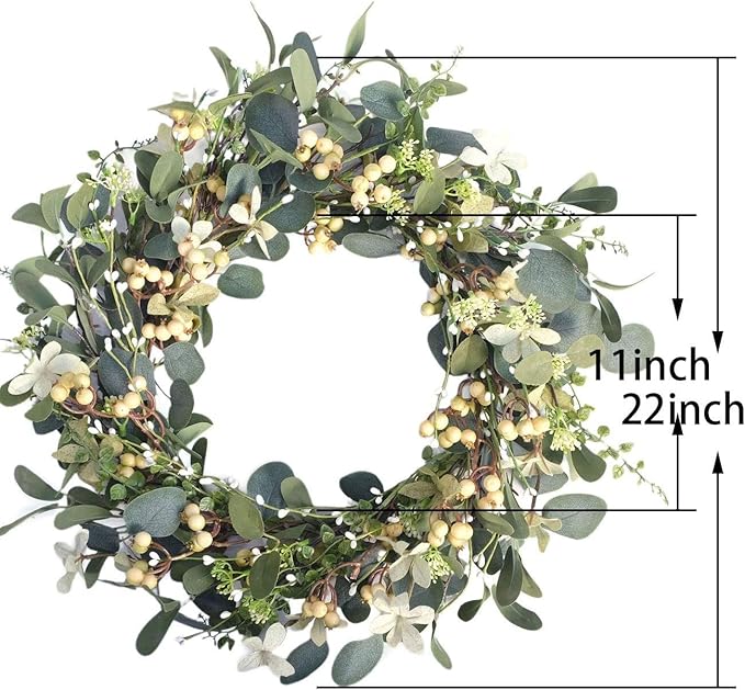 Bibelot 22Inch Artificial Eucalyptus Berry Wreath Green Leaf Eucalyptus Wreaths Spring Summer Wreath for Front Door Window Hanging Wall Party Decorations (22in)