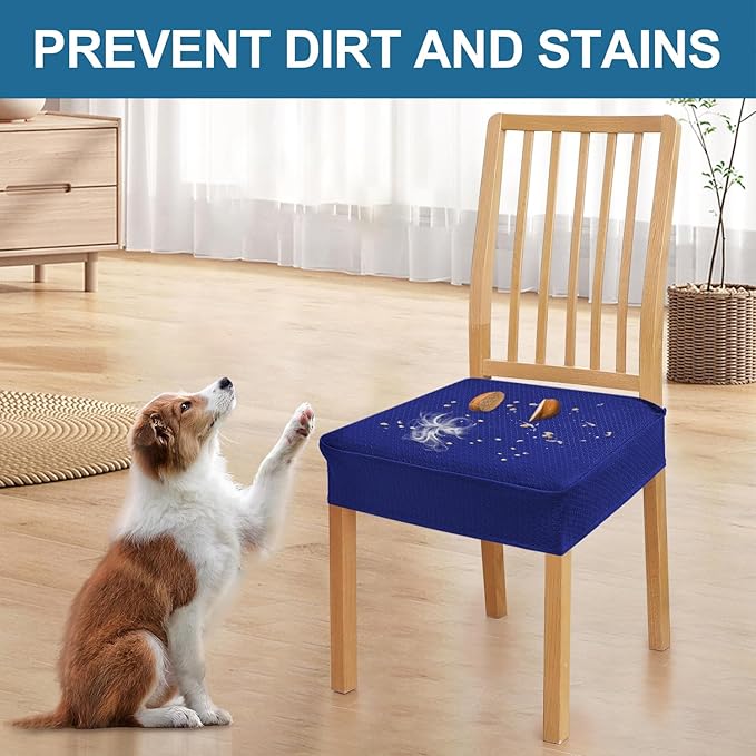 Smiry Waterproof Seat Covers for Dining Room Chairs Set of 6, Stretch Jacquard Removable Washable Chair Seat Slipcovers Protector, No Rear Covers, Royal Blue
