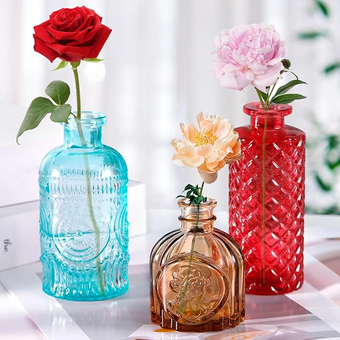 12 Pack Glass Bud Vases, Colorful Bud Vase Set, Colored Small Vases for Flowers, Mini Vintage Glass Flower Vase in Bulk for Centerpieces Wedding Home Office Table Party Decor