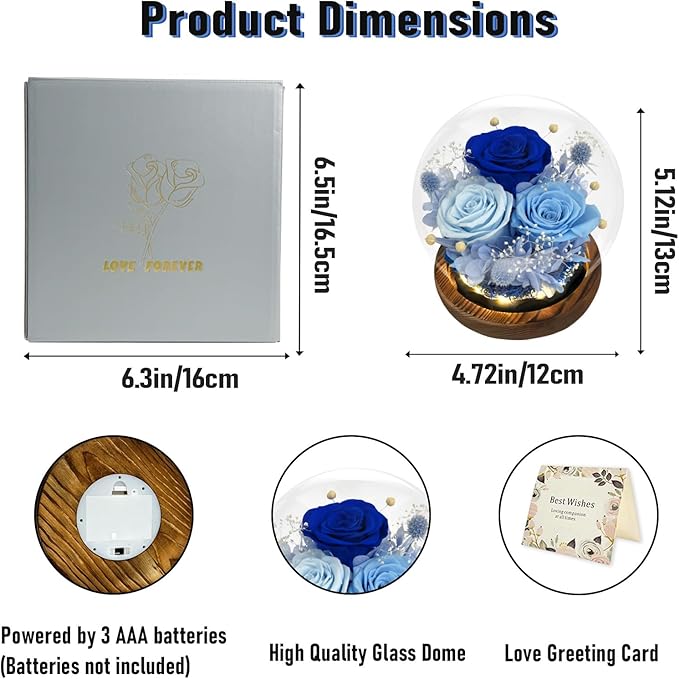 FIACO Valentines Gifts for Her Preserved Flowers in Glass Dome Long-Lasting Eternal Roses Birthday Gifts for Women Mom Grandma Wife Girlfriend Blue Forever Flowers for Delivery Prime