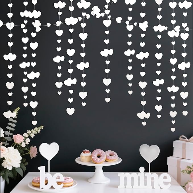 52Ft Valentines Day Party Decorations White Heart Garland White Love Heart Hanging Paper Streamer Banner for Wedding Anniversary Bridal Shower Engagement Mothers Day Bachelorette Winter Party Supplies