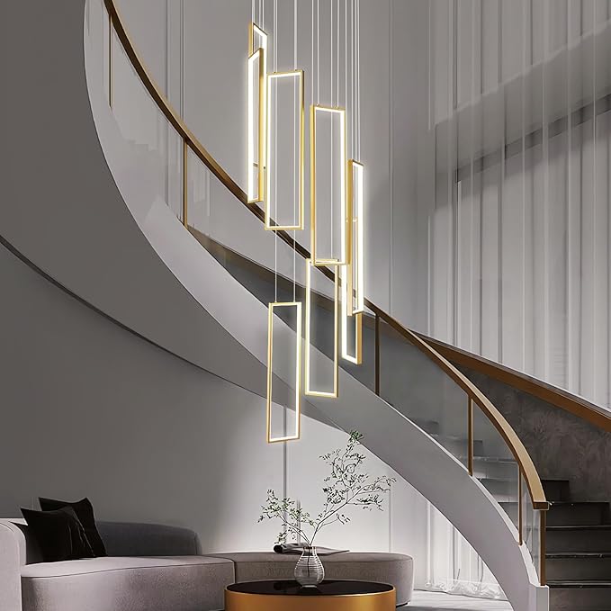 Modern Kitchen Island Dimmable Pendant Light Fixture Gold 144W LED Pendant Lights 8 Rings Rectangular Chandelier Staircase Large Chandelier Lobby Living Room Foyer High Ceiling Chandeliers