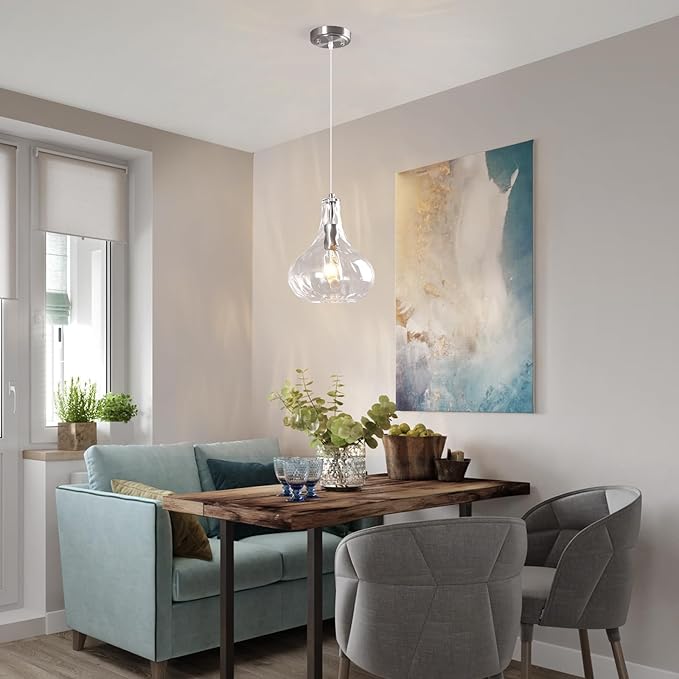 Modern Glass Pendant Light 9.44 in Clear Hammered Glass Shade Brushed Nickel Farmhouse Island Pendant Lights for Kitchen Pendant Lighting Over Sink Bedroom Dining Room