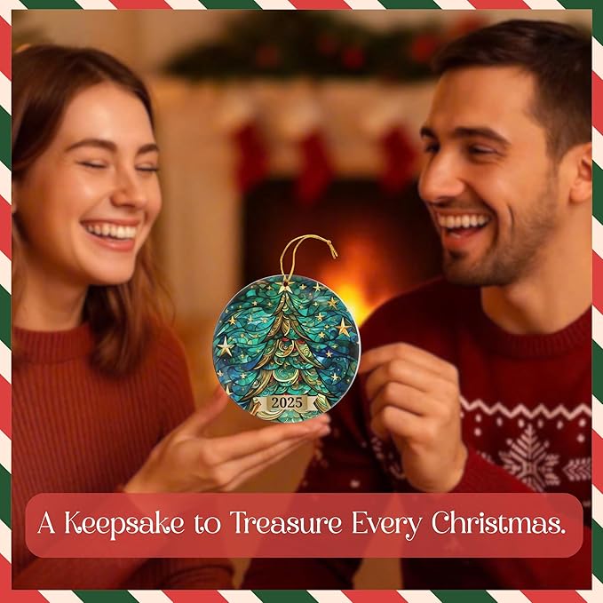 Christmas Tree Ornament 2025 – Stained Glass Style Round Acrylic Decoration – Collectible Dated Christmas Ornaments 2025 for Tree, Holiday Decor, Navidad Decorations