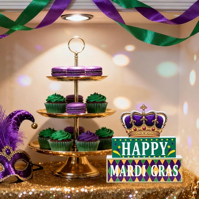 MEETYAMOR Mardi Gras Decorations, Wood Block Crown HAPPY MARDI GRAS Sign Table Decor, Glitter 3-Layered Wooden Mardi Gras Centerpieces for Tables Party Home Room Tiered Tray Shelf Tabletop Mantel
