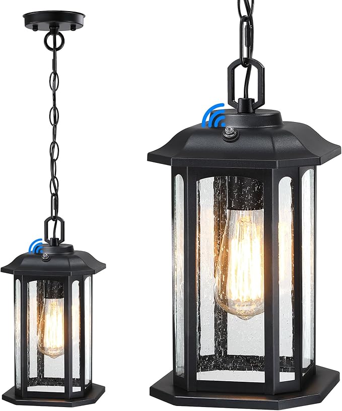 13.4'' Dusk to Dawn Outdoor Pendant Lights for Porch, Black Hanging Porch Light with Seeded Glass, Waterproof Outdoor Chandelier Farmhouse Ceiling Light Fixture Lanterns, 1Pack