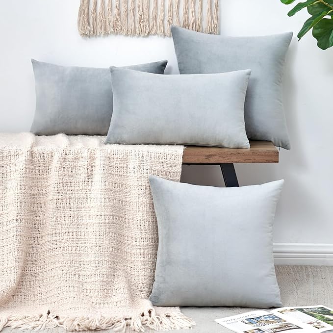 Throw Pillow Covers Grey Decorative Velvet Set of 2 20x20 Inch Pillow Covers, Soft Neutral Gray Pillowcases for Couch Sofa Bed Living Room, Farmhouse Boho Decor, Square Accent Cushion Covers