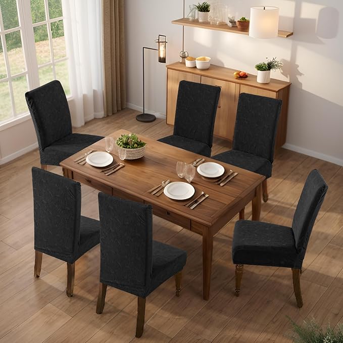 Genina 100% Waterproof Dining Room Chair Covers Set of 4 Stretch Kitchen Chair Covers Parsons Chair Slipcovers for Dining Room Chair Protector Cover, Removable, Washable (Leaf Pattern-Black)