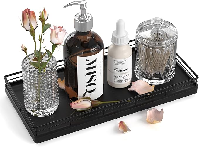 Bathroom Vanity Tray – 12" x 6" Oak Decorative Wooden Tray for Toilet Tank Organizer, Wood Tray for Bathroom Countertop, Soap, Perfume Storage Vanity Dresser Decor for Bathroom Essentials Black