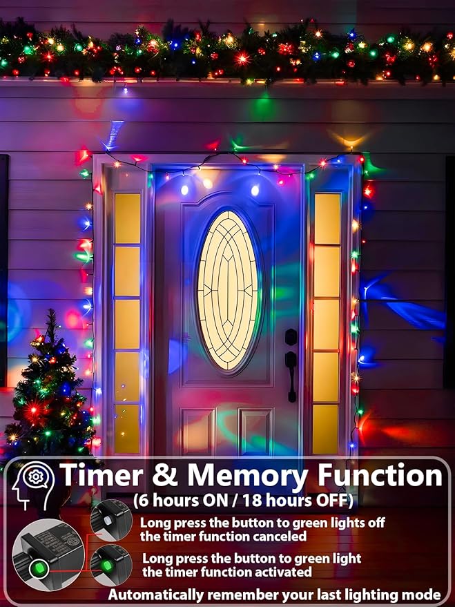33 FT 100 LED Christmas Decoration Indoor Outdoor, Connetable Green Wire Waterproof Mini Lights with Memory Function & Timer & 8 Modes for Xmas Tree Birthday Wedding Garden Party Decor (Multicolor)