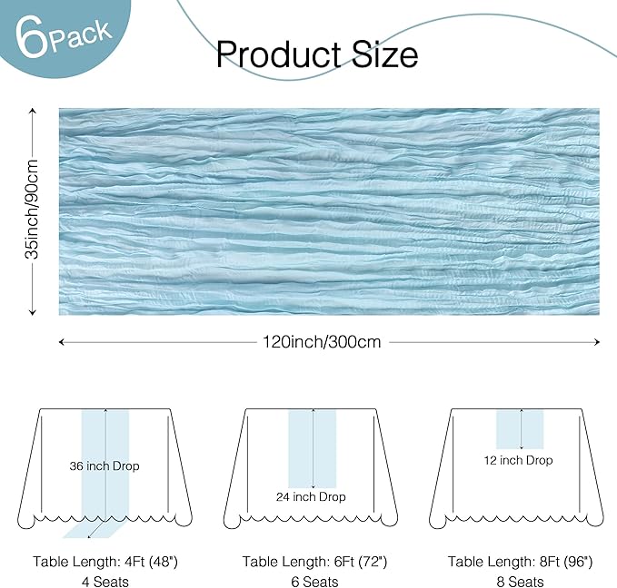 6 Pack Cheesecloth Table Runner 120 Inch Boho Rustic Gauze 10 FT Dusty Blue Cheese Cloths Table Runners Decorations for Spring Summer Birthday Party Baby Shower Wedding Holiday Home Decor