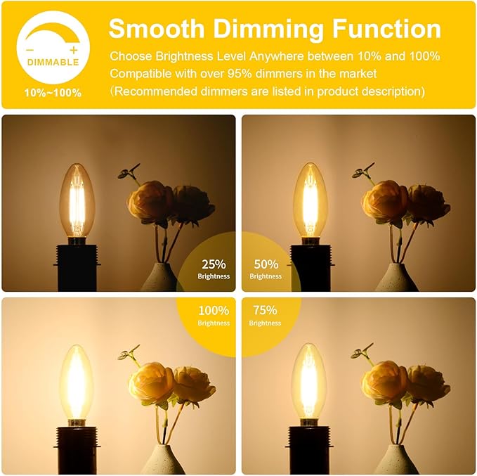 24-Pack Dimmable E12 LED Candelabra Bulbs 60W Equivalent, 2200K Soft Warm White, 600 Lumens B11 Candle Base 6W C35 LED Filament Vintage Light Bulbs, Amber Glass for Chandelier Ceiling Fan High CRI 90+