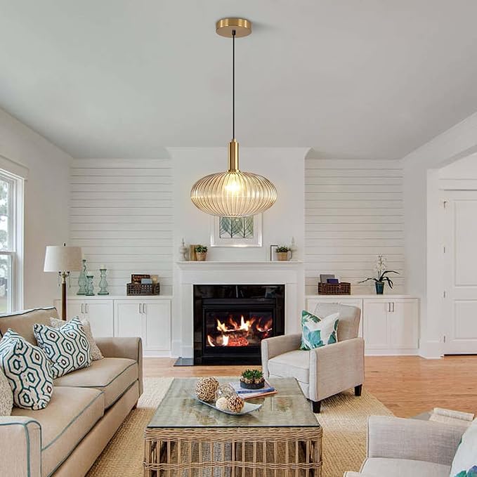 KCO Lighting Modern Gold Globe Pendant Lamp 1-Light Mid Century Antique Brass Dining Pendant Light Amber Glass Farmhouse Pendant Lighting Adjustable Large Vintage Hanging Ceiling Pendant Light