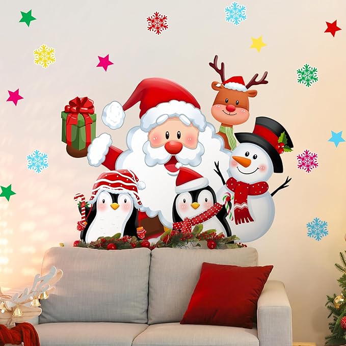 Christmas Wall Stickers Decor- Flower Wall Decals Peel and Stick Xmas Santa, Reindeer, Gifts Removable Wall Art for Home Party Office Classroom Winter Holiday (E)