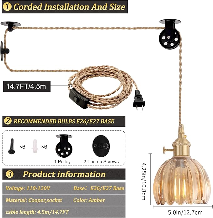 Plug in Pendant Light Hanging Light Fixture Corded On/Off Switch Brass Pendant Light with Amber Tulip Glass Lampshade for Bedroom Living Room Kitchen Island