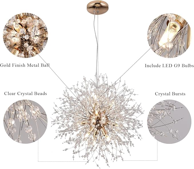 9-Light Gold Crystal Chandeliers, Modern Dandelion Hanging Light, Small Round Lamp, Sputnik Beaded Pendant Lights for Farmhouse Bedroom Dining Room Living Room Kitchen Island (Gold, D19.6inch)