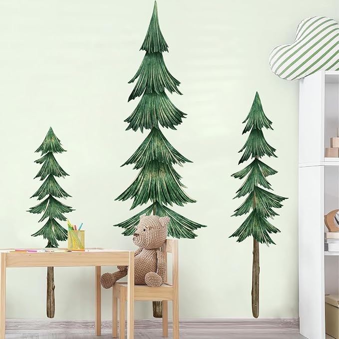 Large Pine Tree Wall Decal Giant Green Tree Wall Stickers Removable Large Forest Decals Peel and Stick Evergreen Trees Decal Woodland Trees Sticker for Living Room Bedroom Home Decor