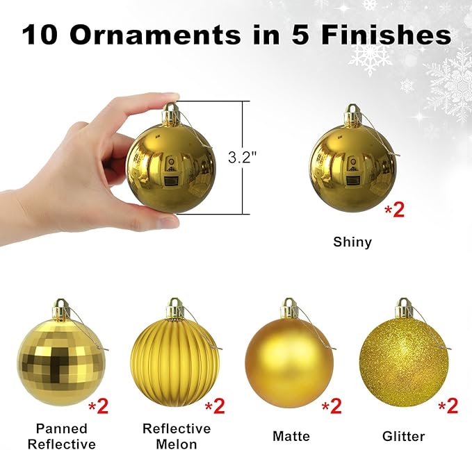 Gold 3.2" Large Christmas Balls - Christmas Tree Decoration Ornaments Shatterproof Hanging Balls for Birthday Halloween Holiday Wedding Decorations Set of 10pcs