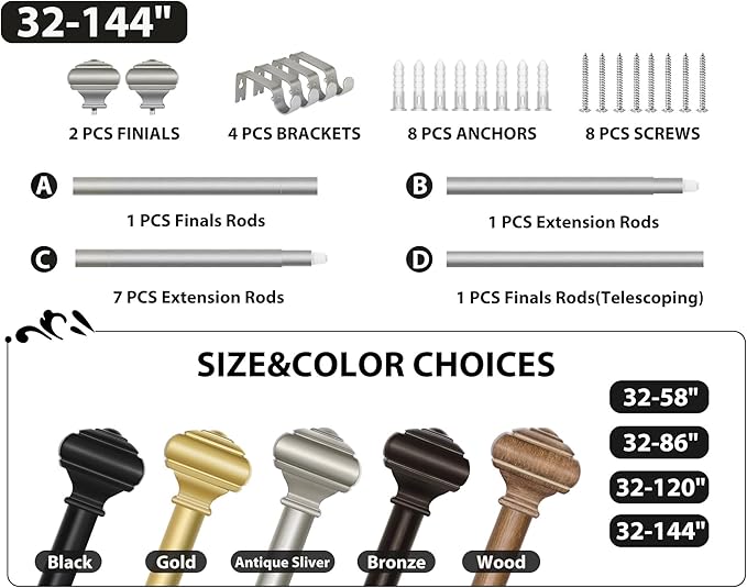 Decorative Antique Silver Curtain Rods for Windows 72 to 144 Inches(6-12ft), USFOOK 7/8 Inch Long Curtain Rod 32 to 144 Inches, Heavy Duty Single Drapery Rods, Square End