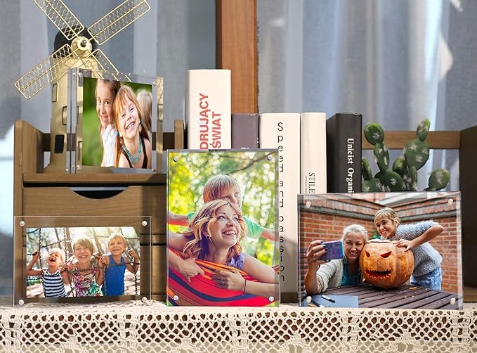 ILYXY 3 Pack Acrylic Frame 4x6, 20% Thicker, 20mm Thick Frameless Clear Picture Frame, Double Sided Magnetic Photo Frame, Free Standing Desktop Display Stand Acrylic Picture Frames
