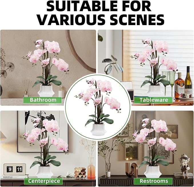 CXGS Artificial Orchid Flower Plant 20.9'' Real Touch Faux Orchids in Ceramic Vase Pink Fake Phalaenopsis Flower Arrangement Silk Orchids with Stems for Centerpiece Table Home Indoor Decor