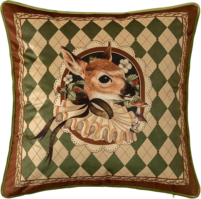 Grandmillennial Checkered Pillow Cover, Velvet Euro Sham Covers Decorative Throw Pillow Covers 18x18 for Couch Sofa Bed Living Room, Christmas & Holiday, Deer Green