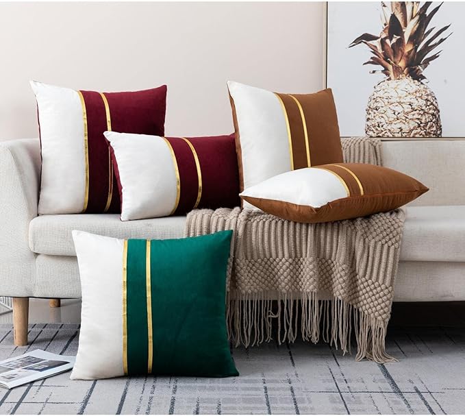 ZLINA Set of 2 Velvet Decorative Throw Pillow Covers Coffee Brown White Patchwork with Gold Leather Pillow Covers 24 × 24 Inch Cushion Covers Decor Living Room Sofa Bedroom Car