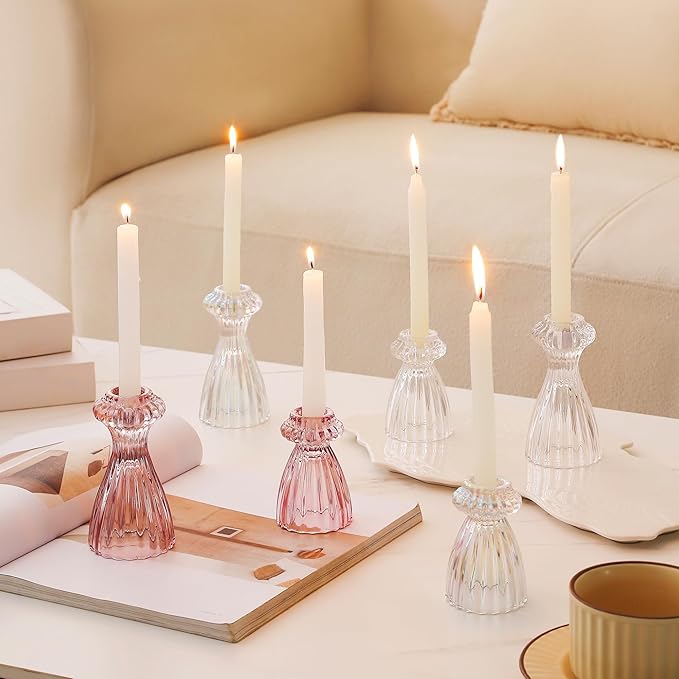 Lysenn Glass Candle Stick Holder Set of 6 – Premium Taper Candle Holders for Romantic Ambiance - Candle Sticks Holder Decor for Special Occasions - Clear