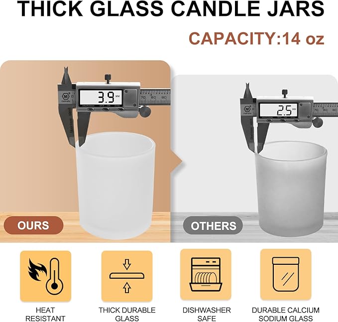 SHOWIN 14 OZ Thick Candle Jars for Making Candles 6 Pcs, Empty Jars with Wood Lids for Spice Jars, Sample Container, Frosted White