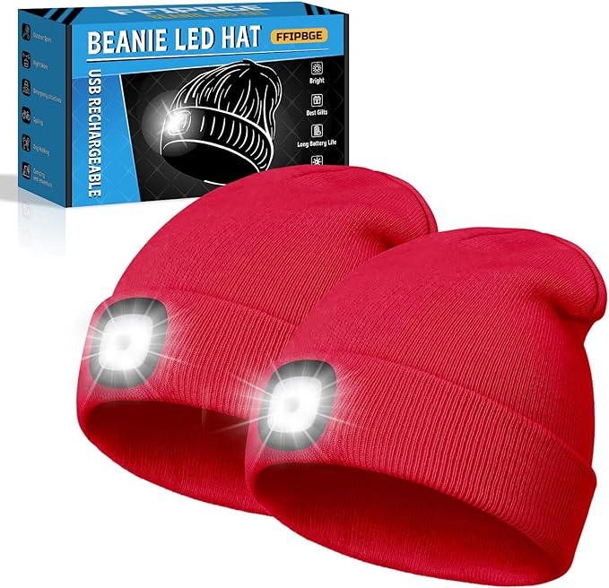 Christmas Stocking Stuffers for Men Adults, Beanie Hats with Light, USB Rechargeable LED Hand Free Headlamp, Birthday Gifts for Men, Women, and Teens, Ideal for Camping, Hiking, 2 Pack, Red
