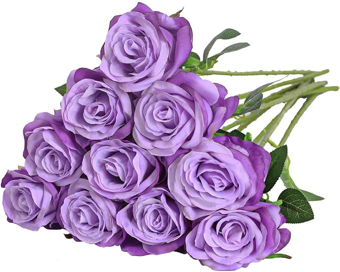 Nubry Artificial Silk Rose Flower Bouquet Lifelike Fake Rose for Wedding Home Party Decoration Event Gift 10pcs (Light Purple)