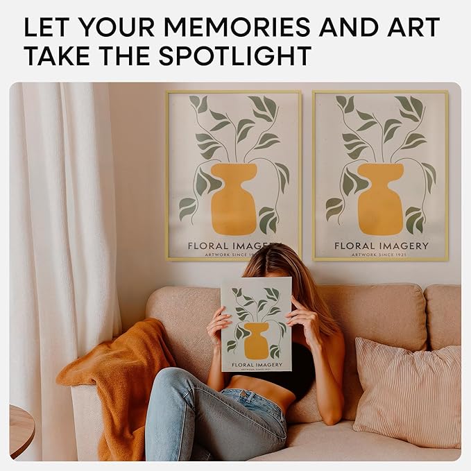 Homeforia 16 x 20 Picture Frame Gold, High End Metal 16x20 Poster Frames with Mat 11x14 Photo, 16 x 20 Gold Frame Matted to 11 by 14 Print, 20x16 Thin Hanging Frame, Tempered Glass, Wall Kit, Set of 4