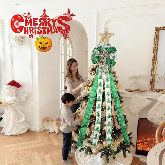 Christmas Tree Topper Bow, 43" Christmas Wreath Bows Green and White Ribbon Ornaments with Tassels Snowflakes and Glitter, Home Decor for Holiday Xmas Decoration Home Parties Wedding Gift