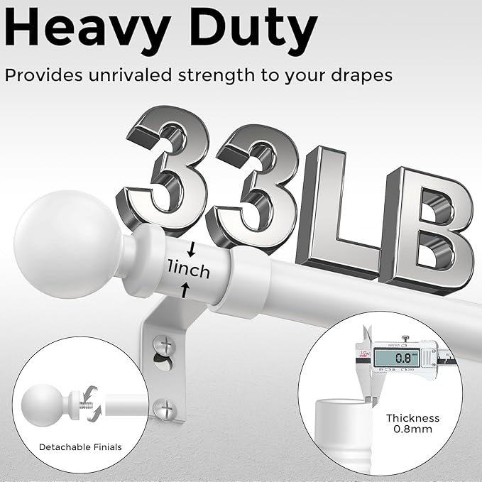 2 Pack White Curtain Rod, 1 Inch Adjustable Heavy Duty Curtain Rods for Windows 48 to 84 Inch, Decorative Modern Window Treatment Rods, Splicing Metal Drapery Pole, Easy Installation
