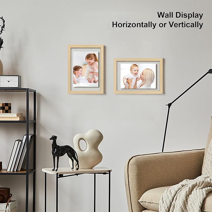 Egofine 5x7 Floating Frames Set of 2, Double Plexiglass Picture Frame, Made of Solid Wood Display Any Size Photo up to 5x7, Wall Mount or Tabletop Standing, Natural Wood